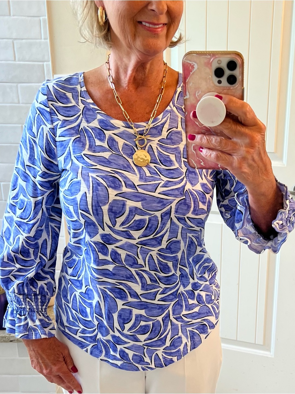 Chico's White and Blue Leaf-Pattern Long Sleeve Top